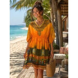 Speed Control Caftan Dress 2X Orange Boho Beach Cover Up Sheer Resort
